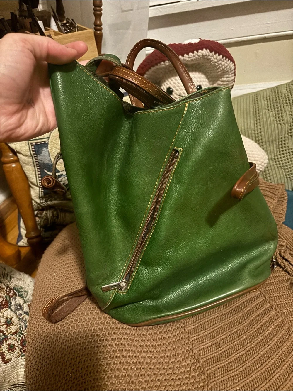 Green Genuine Leather Backpack with Brown Trim